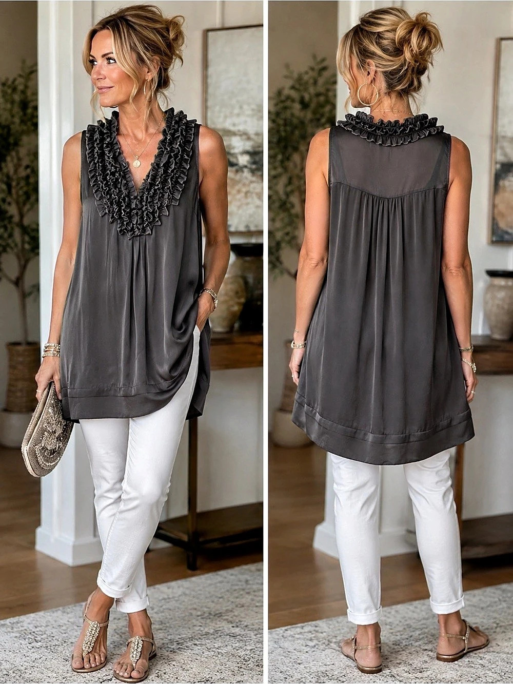 Lapis Brand Ruffle Neck Tunic Gray